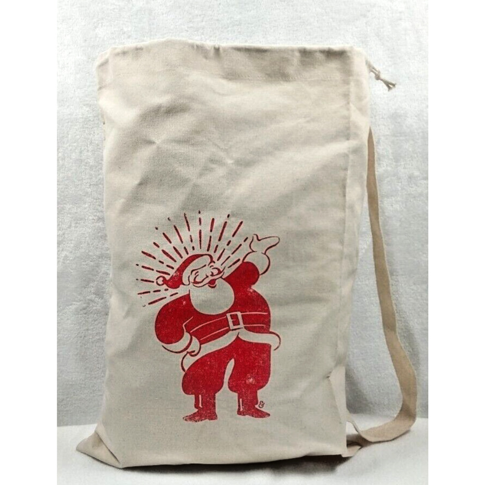 Retro Style Santa Large Canvas Tote Gift Bag Shopping Christmas 24x15 Drawstring